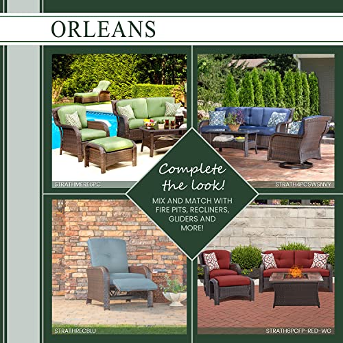 Hanover Orleans 4-Piece Steel Outdoor Patio Set Outdoor Patio Deep Seating Set with Brown Wicker, Sofa, Avocado Green Cushions, 4 Pillows and Glass Top Rectangular Coffee Table