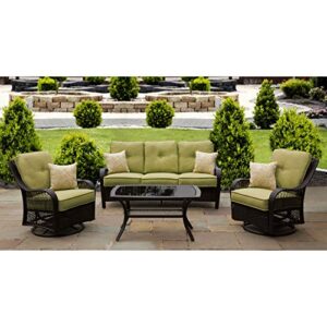 Hanover Orleans 4-Piece Steel Outdoor Patio Set Outdoor Patio Deep Seating Set with Brown Wicker, Sofa, Avocado Green Cushions, 4 Pillows and Glass Top Rectangular Coffee Table