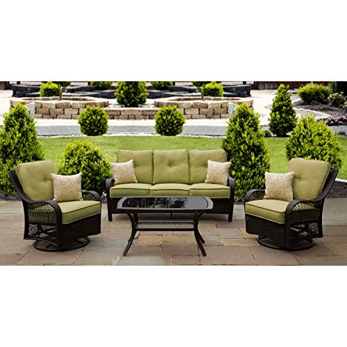 Hanover Orleans 4-Piece Steel Outdoor Patio Set Outdoor Patio Deep Seating Set with Brown Wicker, Sofa, Avocado Green Cushions, 4 Pillows and Glass Top Rectangular Coffee Table