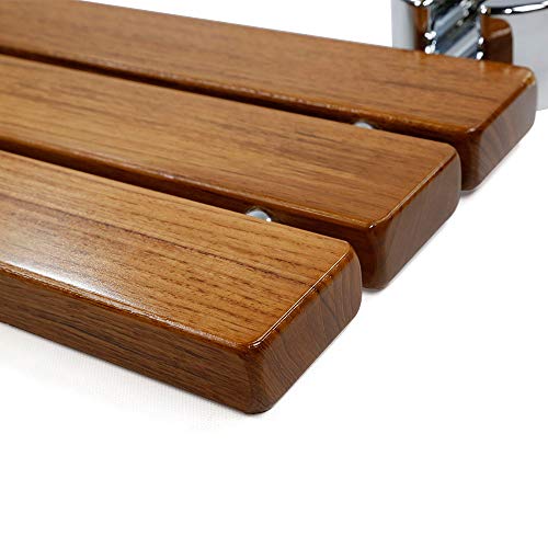 20" Teak Wood Modern Folding Shower Seat Bench, Clear Coated for Protection and Premium Smooth Finish, Medical Wall Mount Foldable Fold Up Chair Bathroom Stool Foldaway Shower Seating