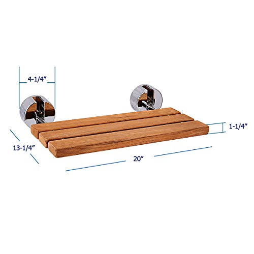 20" Teak Wood Modern Folding Shower Seat Bench, Clear Coated for Protection and Premium Smooth Finish, Medical Wall Mount Foldable Fold Up Chair Bathroom Stool Foldaway Shower Seating