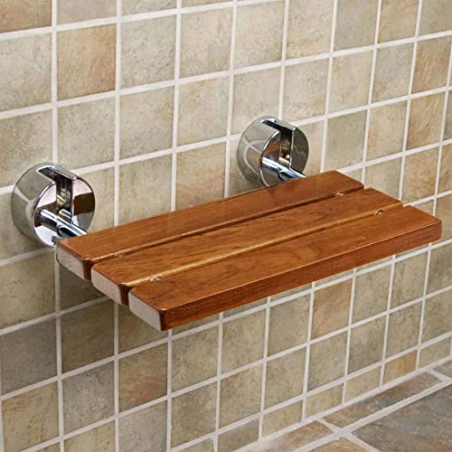 20" Teak Wood Modern Folding Shower Seat Bench, Clear Coated for Protection and Premium Smooth Finish, Medical Wall Mount Foldable Fold Up Chair Bathroom Stool Foldaway Shower Seating
