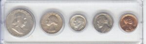 1961 birth year coin set- 5 coins- half dollar, quarter, dime, nickel and cent- all dated 1961 and encased in a plastic holder-note-the coins will be as good or better then the picture-nothing less