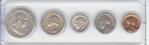 1961 BIRTH YEAR COIN SET- 5 COINS- HALF DOLLAR, QUARTER, DIME, NICKEL AND CENT- ALL DATED 1961 AND ENCASED IN A PLASTIC HOLDER-NOTE-THE COINS WILL BE AS GOOD OR BETTER THEN THE PICTURE-NOTHING LESS