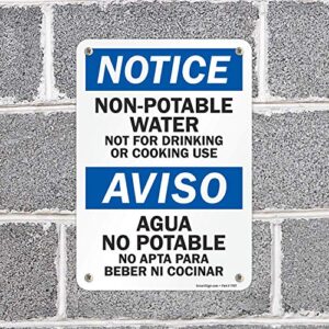 SmartSign - S-2841-AL-10 "Notice - Non-Potable Water, Not For Drinking Or Cooking" Bilingual Sign | 7" x 10" Aluminum Black/Blue on White