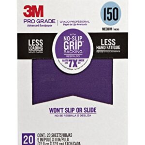 3M 26150CP-P-G Pro Grade No-Slip Grip Advanced Sandpaper, 9 x 11-Inch, 150 Grit, Pack of 20, 1, 20 Count