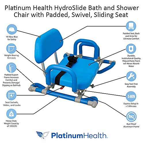 HydroSlide Sliding Shower Chair for Bathtub, Elderly Assistance Products, Transfer Chair Assist for Seniors, Disabled Products for Adults, Bathroom Aid, Padded Swivel Seat, Back, & Handles, Adjustable (Blue)