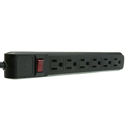 25 feet Surge Protector, Flat Rotating Plug, 6 Outlet, Black Horizontal Outlets, Plastic, 25ft Power Cord, Surge Protector Multi Plug, CableWholesale