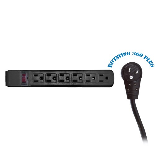 25 feet Surge Protector, Flat Rotating Plug, 6 Outlet, Black Horizontal Outlets, Plastic, 25ft Power Cord, Surge Protector Multi Plug, CableWholesale