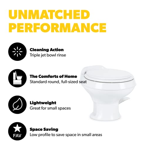 Dometic 301 Toilet Low Profile 13.5" Height- White, 301-SS/RT/WHITE, Full Size Residential Style, Clean and Watertight Triple Jet Rinse with Foot Pedal