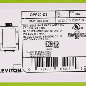 Leviton OPP20-D2 20-Amp Super Duty Power Pack for Occupancy Sensors, Basic with Auto-On, Manual-On and Local Switch Inputs, Gray