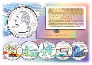 2001 us statehood quarters hologram 5-coin complete set w/capsules & coa