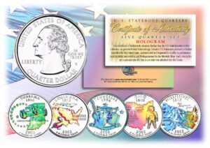 2002 us statehood quarters hologram 5-coin complete set w/capsules & coa