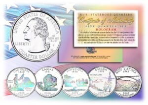 2005 us statehood quarters hologram 5-coin complete set w/capsules & coa
