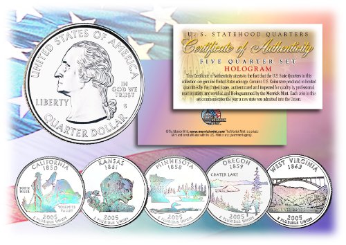 2005 US Statehood Quarters HOLOGRAM 5-Coin Complete Set w/Capsules & COA