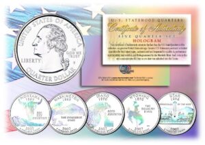 2007 us statehood quarters hologram 5-coin complete set w/capsules & coa