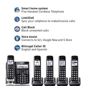 Panasonic Link2Cell Bluetooth Cordless Phone System with HD Audio, Voice Assistant, Smart Call Block and Answering Machine, Expandable Cordless System - 5 Handsets - KX-TGF675S (Black/Silver Trim)