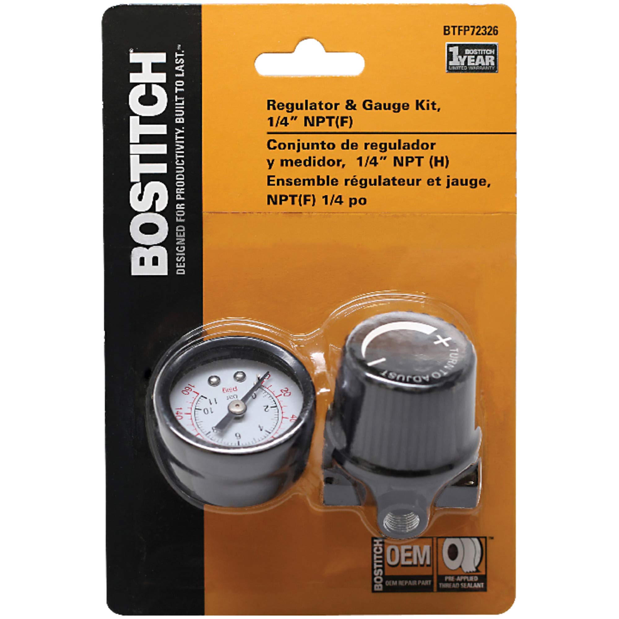 Bostitch BTFP72326 Regulator and Gauge Kit, 1/4-Inch NPT Thread