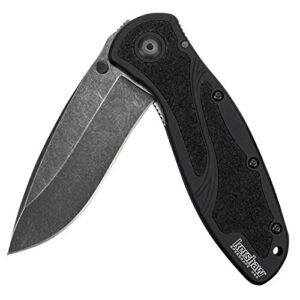 kershaw blur blackwash pocketknife, 3.4" sandvik 14c28n stainless steel recurved blade, assisted thumb-stud opening edc