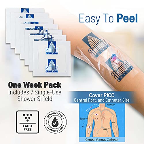 Shower Shield Catheter Cover for Shower – 7 x 7 Inch, 1 Week Supply –Dialysis Port Cover, Prevents Water Damage, Keeps Dressed Wounds Dry – Disposable, Waterproof, Transparent