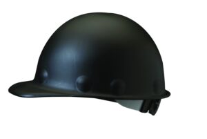 fibre-metal hard hat injection molded roughneck fiberglass with 8-point ratchet suspension, black, medium