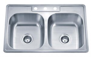 wells 33-inch 20-gauge drop-in 3-hole 50/50 double bowl ada compliant stainless steel kitchen sink