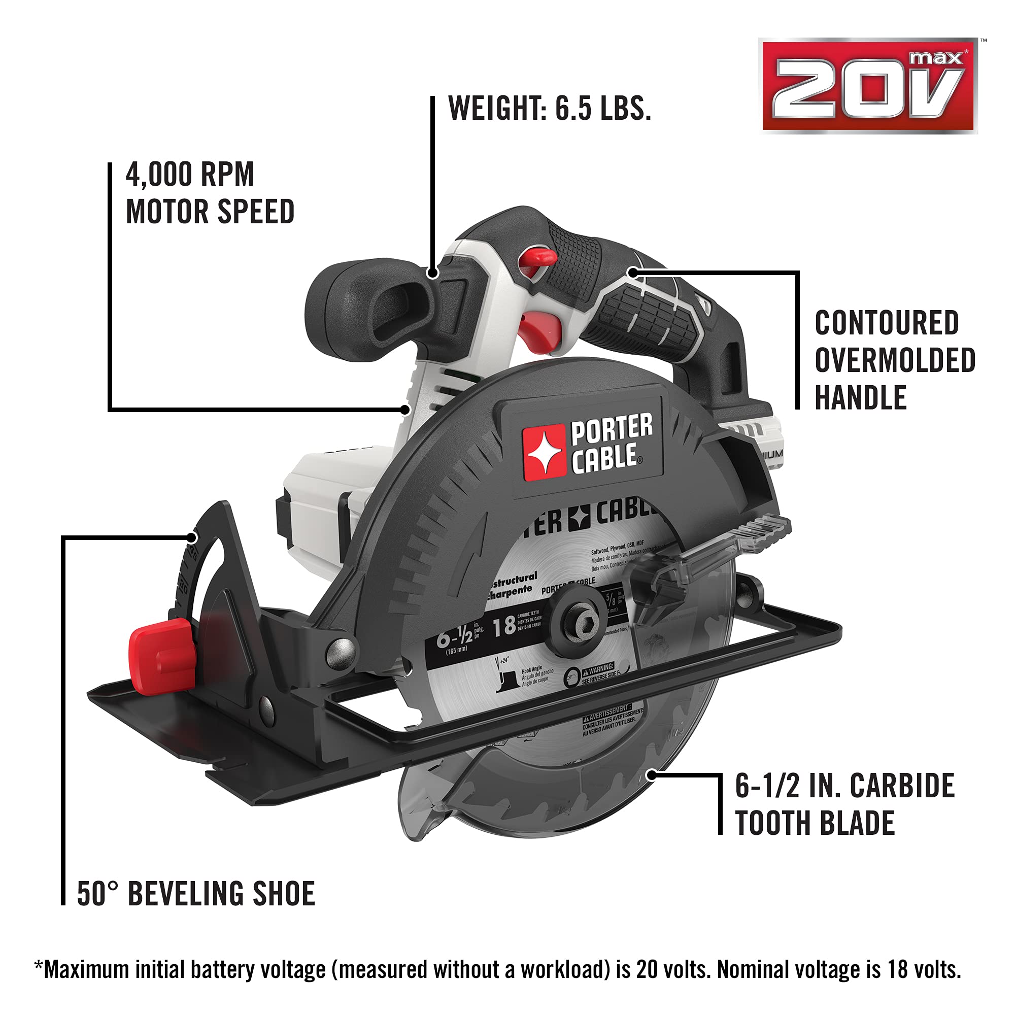 PORTER-CABLE 20V MAX* 6-1/2-Inch Cordless Circular Saw, Tool Only (PCC660B)