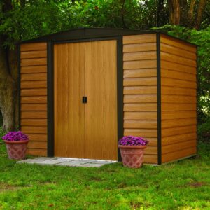 Arrow Shed WR65 Steel 6 x 5 ft. Low Gable Galvanized Coffee/Woodgrain Storage Shed, Wood Grain