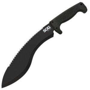 sog sogfari kukri machete mc11-n - hardcased black 12"" blade w/ saw back, rubber handle, nylon sheath, black
