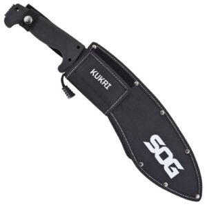 SOG SOGfari Kukri Machete MC11-N - Hardcased Black 12"" Blade w/ Saw Back, Rubber Handle, Nylon Sheath, black
