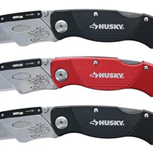 Husky Folding Sure-Grip Lock Back Utility Knives Multi Pack (3 Piece Set: 3 x Husky Knives w/ Blades) (Colors Vary)