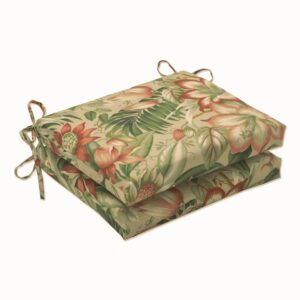 pillow perfect tropic floral indoor/outdoor square corner chair seat cushion with ties, plush fiber fill, weather, and fade resistant, 16" x 18.5", tan botanical glow, 2 count