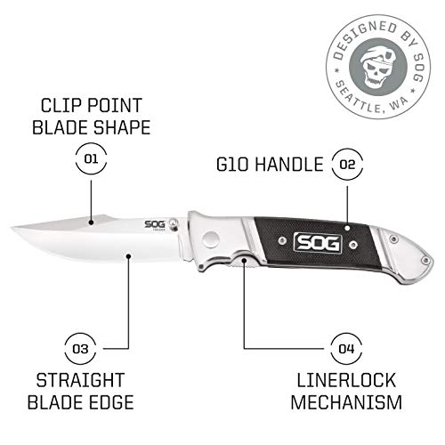 SOG Fielder G10 Folding Pocket Knife - Easy Open 3.3 Inch Foldable Knife Blade w/ EDC Knife Handle and Clip, Stainless Steel Do-It-All Knife (FF38-CP) , Black