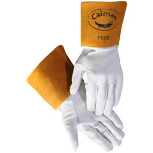 caiman premium goat grain tig welding glove, 4-inch gold extended cuff, unlined, kevlar thread, 3-inch carabiner, white, small (1600-3)