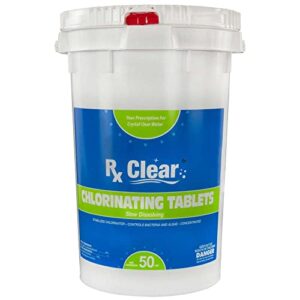 rx clear 3" inch stabilized chlorine tablets | individually wrapped chlorinating tabs for sanitizing swimming pools & spas | long lasting, slow dissolving, and uv protected | 50 pounds