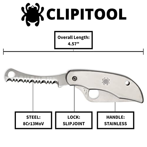 Spyderco ClipiTool Folding Utility Knife with Stainless Steel Handle Plain and Serrated Edge, Full-Flat, 8Cr13MoV Steel Blade and SlipJoint System - C176P&S