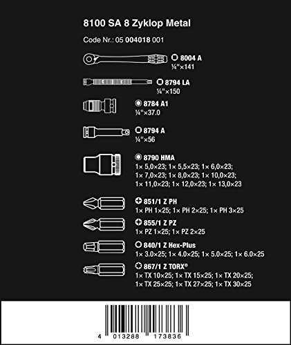 Wera 05004018001 8100 SA 8 Zyklop Metal Ratchet Set with Switch Lever, 1/4" Drive, Metric, 28 Pieces