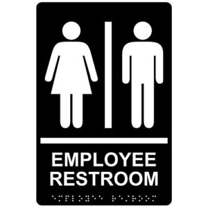 compliancesigns.com employee restroom sign, ada-compliant braille and raised letters, 9x6 inch white on black acrylic with adhesive mounting strips