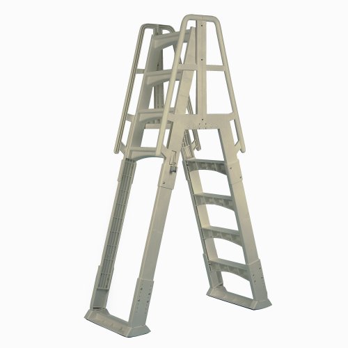 Vinyl Works SLA A-Frame 48-56 Inch Adjustable Above Ground Swimming Pool Ladder Entry System with Slide Lock Barrier and Handrails, Taupe