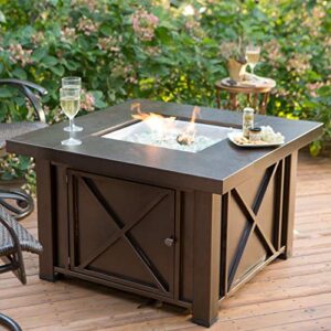 Hiland GSF-DGH Square ative Propane Fire Pit w/Lid, 40,000 BTU, Decorative Bronze