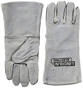 lincoln electric leather welding gloves kh641, premium hand protection from welder and cutting torch heat, commercial quality, cotton lined, gauntlet cuff, unisex, grey, one size