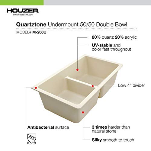 HOUZER M-200U CLOUD Quartztone Series Granite Undermount 50/50 Double Bowl Kitchen Sink, White