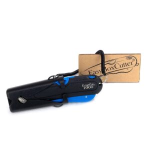 modern box cutter, 3 blade depth setting, squeeze trigger and edge guides, holster, lanyard, extra blade - 1000 blue