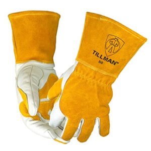 john tillman and co tillman small 7" gold and pearl top grain split back cowhide fleece lined mig welders gloves with 4" cuff and kevlar thread locking stitch, 50s