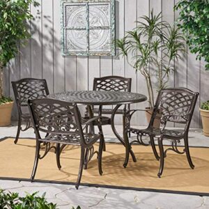 Christopher Knight Home Hallandale Outdoor Cast Aluminum Dining Set for Patio or Deck, 5-Pcs Set, Hammered Bronze