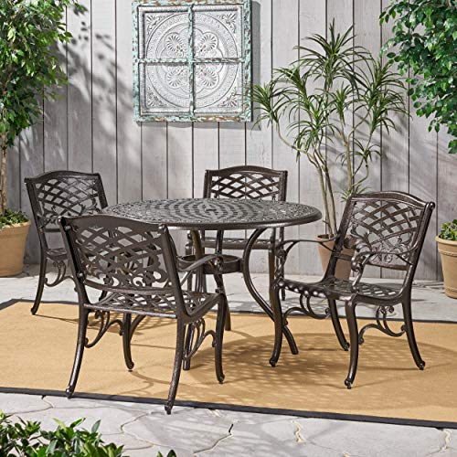 Christopher Knight Home Hallandale Outdoor Cast Aluminum Dining Set for Patio or Deck, 5-Pcs Set, Hammered Bronze