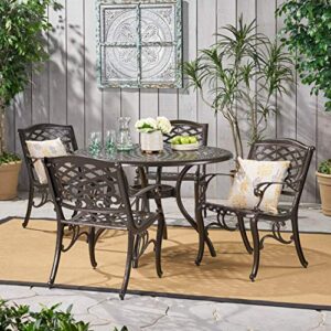 Christopher Knight Home Hallandale Outdoor Cast Aluminum Dining Set for Patio or Deck, 5-Pcs Set, Hammered Bronze