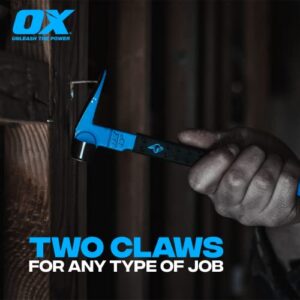 OX Tools Unique Hammer Head 12" Pry Bar - Multi-Functional Tool with Cats Paw, Crowbar | Rubber Grip, Polished Beveled Claws - Forged Steel Design for Strength and Durability