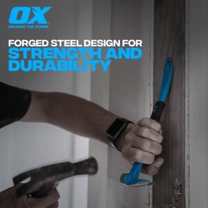 OX Tools Unique Hammer Head 12" Pry Bar - Multi-Functional Tool with Cats Paw, Crowbar | Rubber Grip, Polished Beveled Claws - Forged Steel Design for Strength and Durability