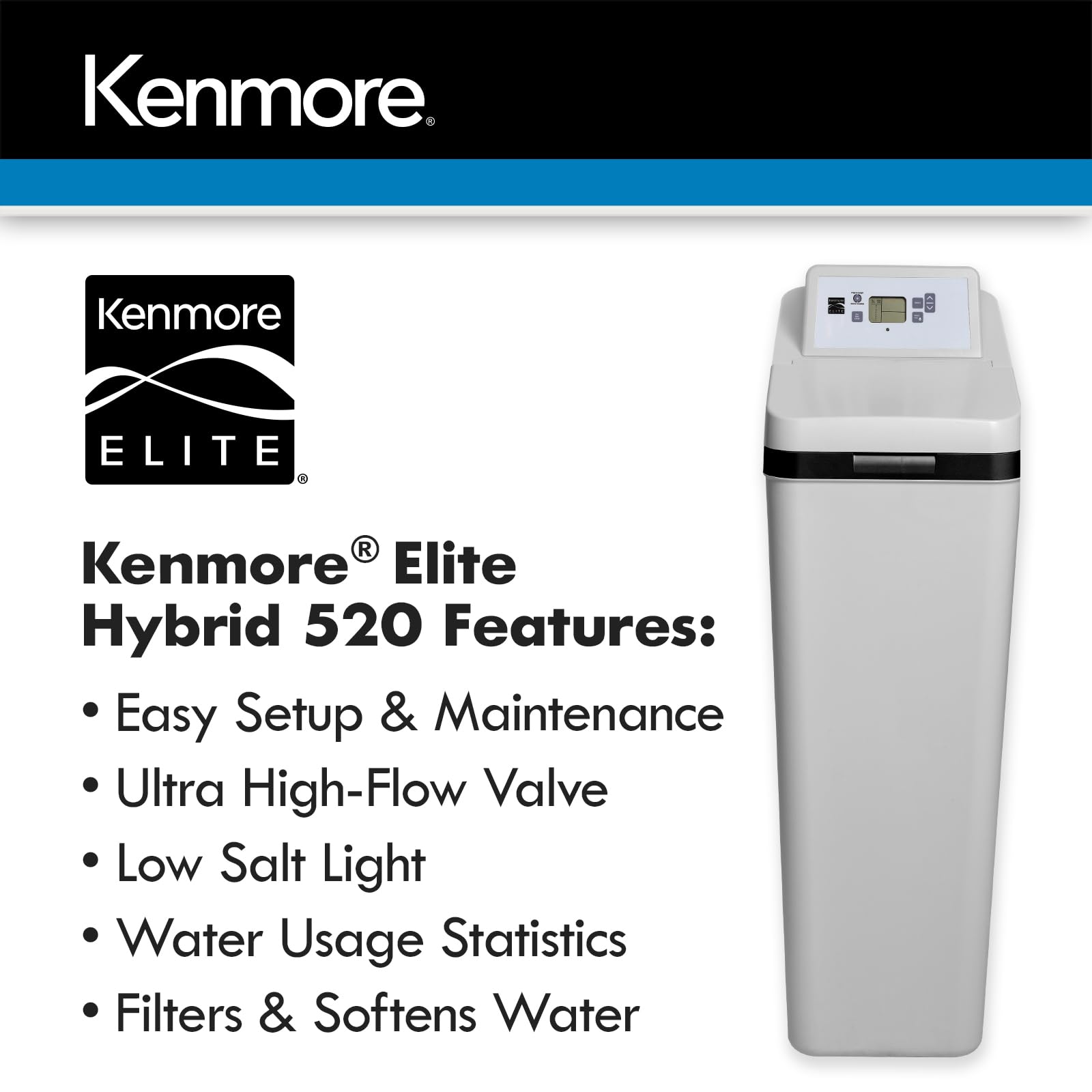 Kenmore 520 31k Grain Water Softener NSF International Certified Minerals, Barium, Radium, and Chlorine Taste & Odor | Reduce Hard Water in Your Home | Fully Programmable, Easy Install 2-in-1 System